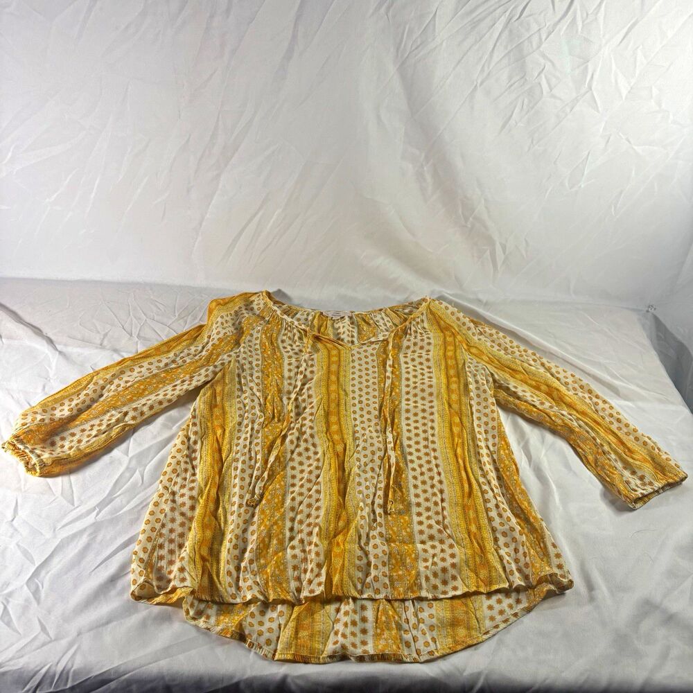 Como Vintage Women’s M Yellow White Striped V-Neck Peasant 3/4 Sleeve Blouse